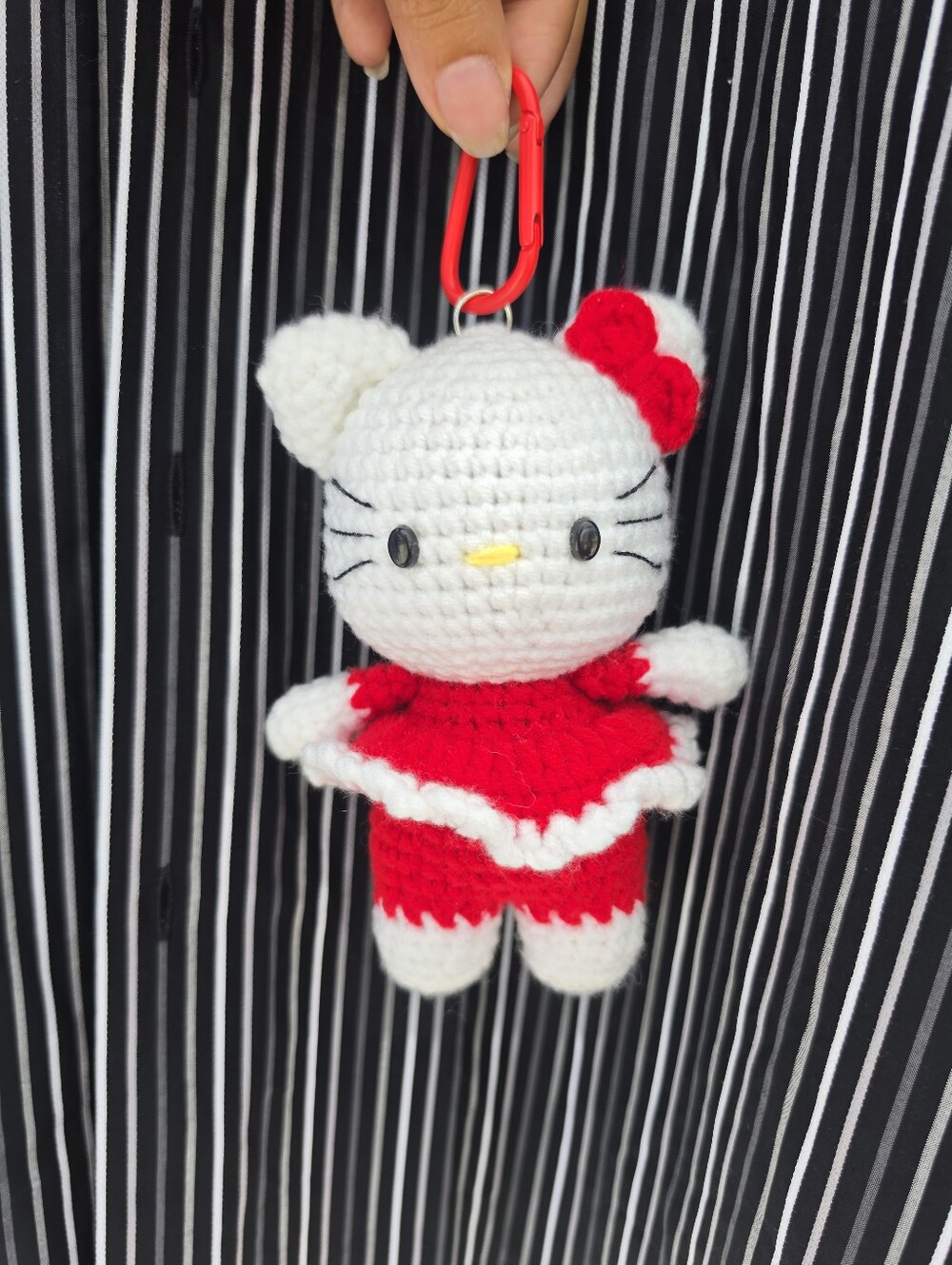 Hand Knitted Red and White Crochet Kitty Charm